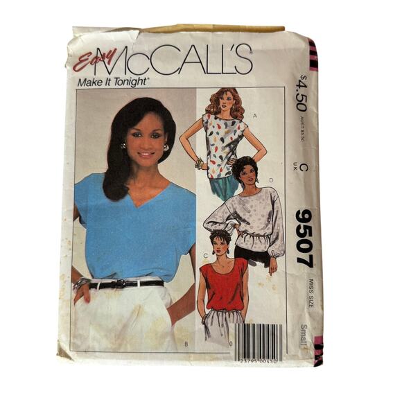 Vtg Pullover Top with Choice of Neckline Easy McCalls 9507 Size Small Pattern - Picture 1 of 3